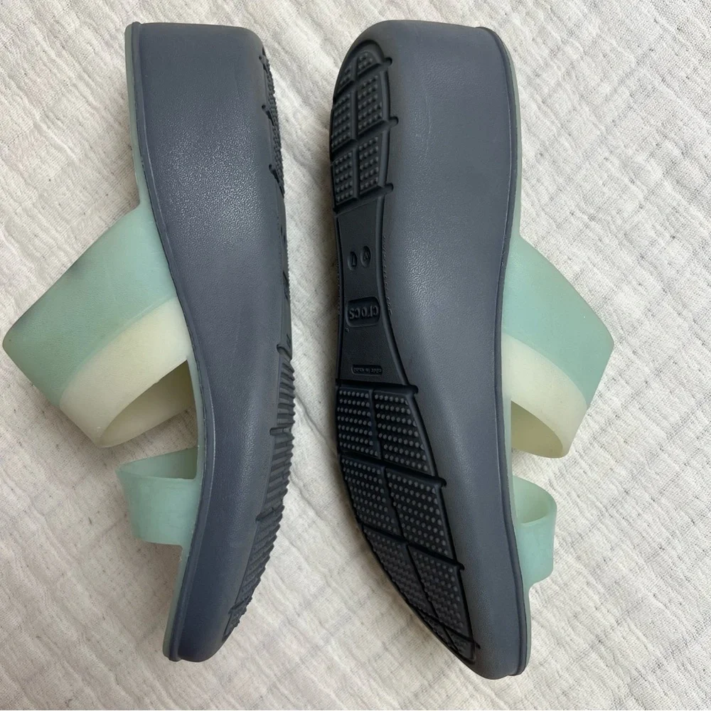 CROCS Sandals “Ciabatta” Wedge Heel Translucent Straps Teal/ Blue Women’s Size 7